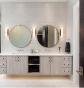 Modern Bathroom renovation with double vanity and trendy double mirror.
