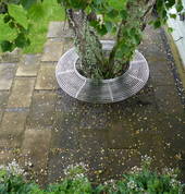 Custom designed stainless steel tree seat & paving in large family garden